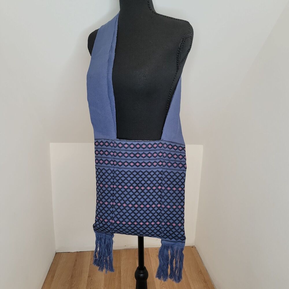 Knit Woven Boho Sling Bag Blue Purple Tribal Geometric Fringe Crossbody Hobo Top